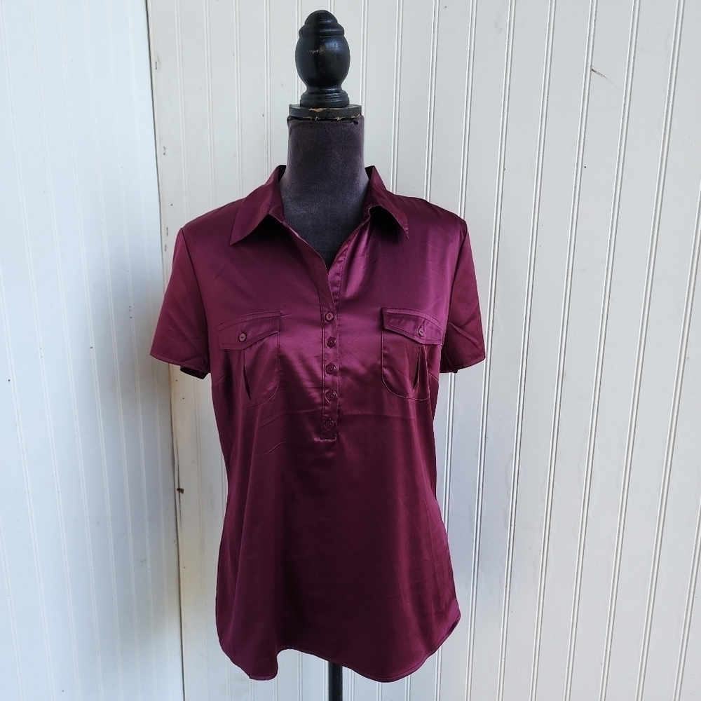 Geoffrey Beene Sport Womens Silk Like Burgundy Short Sleeve Blouse Pockets Sz L